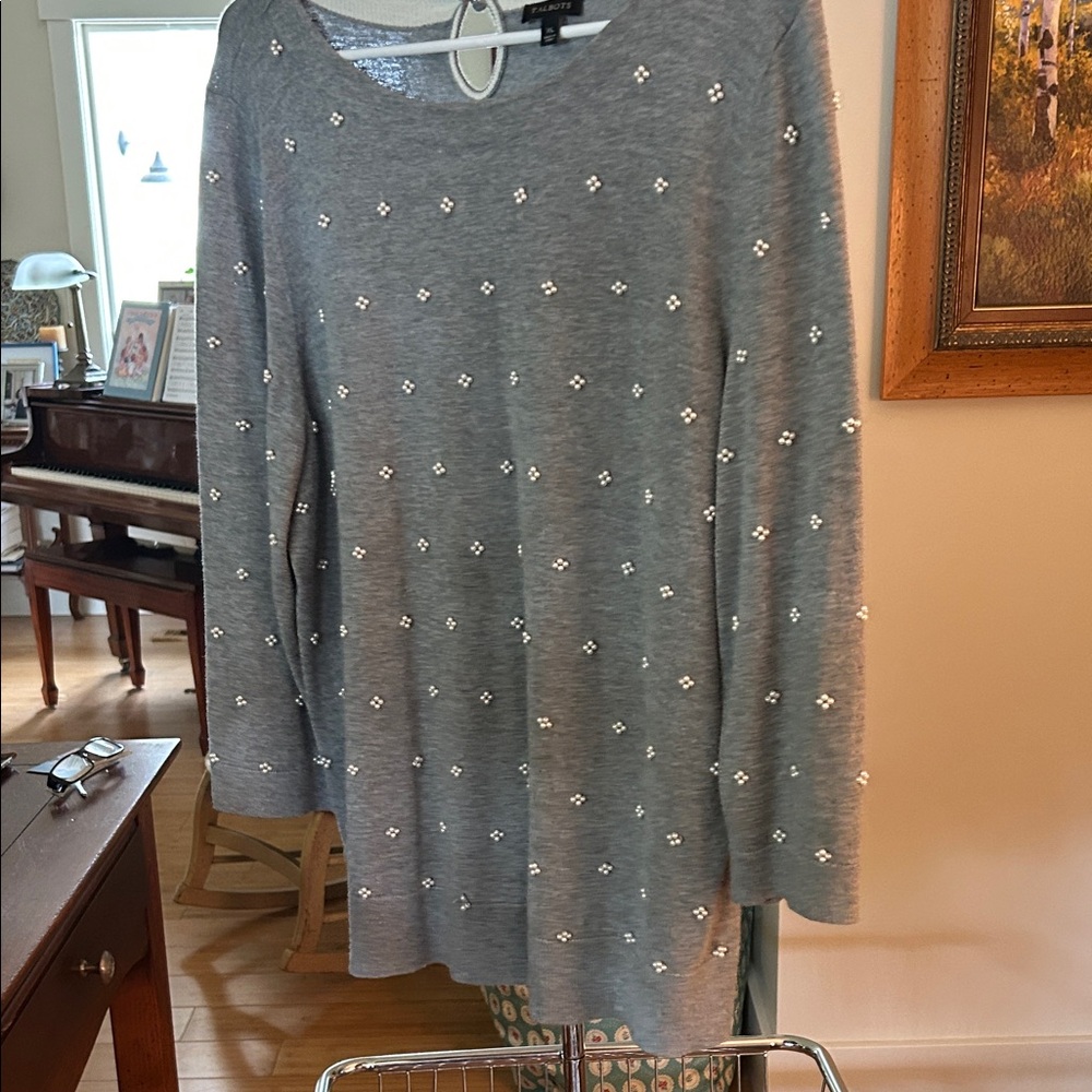 Talbots Gray Sweater with Pearl Embellishments